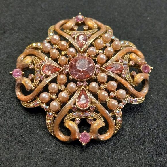Large Pink Enamel/Beaded/Rhinestone Brooch - Picture 1 of 4